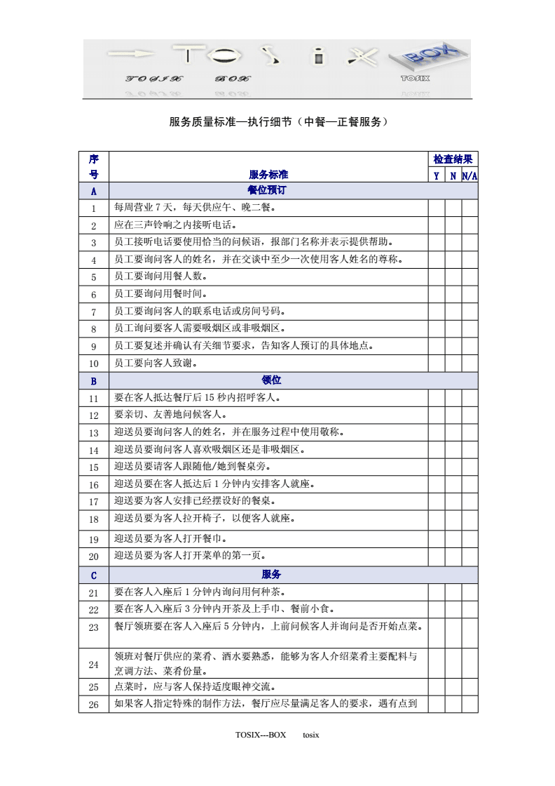 中餐正餐服务质量检查表 全流程标准化指南